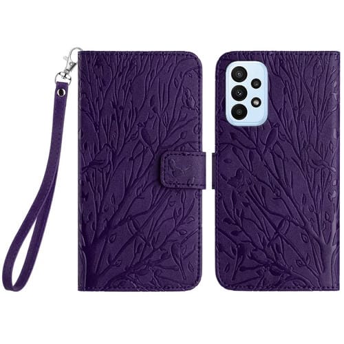 Funda para Teléfono Samsung Galaxy A33 4G / 5G Cuero Patrón En Relieve Pájaros y Árboles (Púrpura)