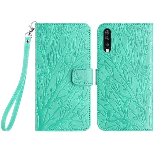 Funda para Teléfono Samsung Galaxy A70 Cuero Patrón En Relieve Tree Birds (Verde)
