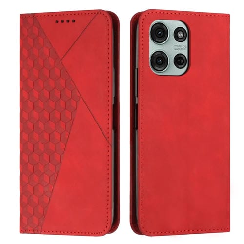Funda de Cuero Magnética con Diseño de Diamante para Motorola Moto G75 (Rojo)