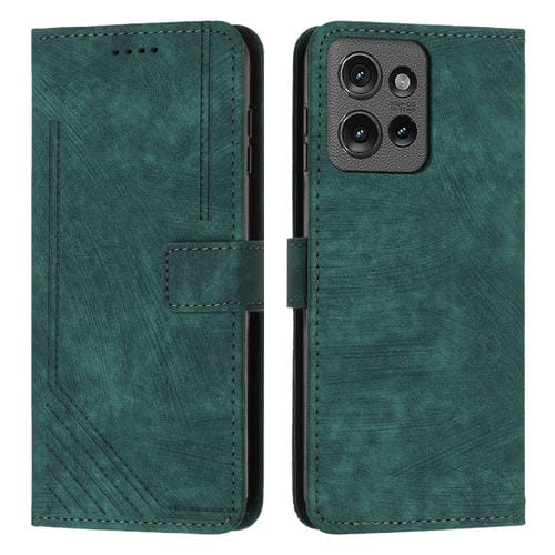 Funda de Cuero con Estampado de Rayas y Tacto de Piel para Motorola Edge 50 con Cordón (Verde)