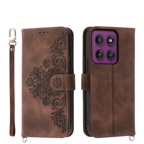 Funda de cuero con relieve de flores para Motorola Edge 60 Pro (marrón)
