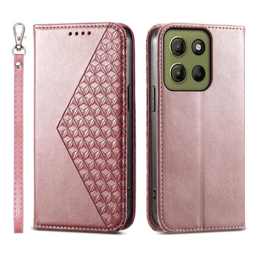 Funda de Cuero Magnética Motorola Moto G15 Textura Piel de Becerro Cuadrícula Cúbica (Oro Rosa)