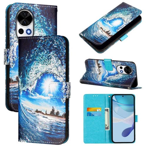 Funda de Cuero Huawei Nova 13 y Nova 12 con Patrón de Dibujo de Colores (Ondas y Sol)
