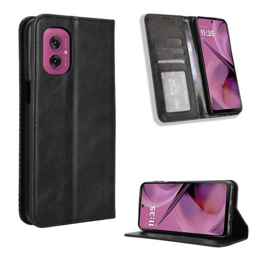 Funda de Cuero con Textura Retro y Hebilla Magnética para Motorola Moto G55 5G (Negra)