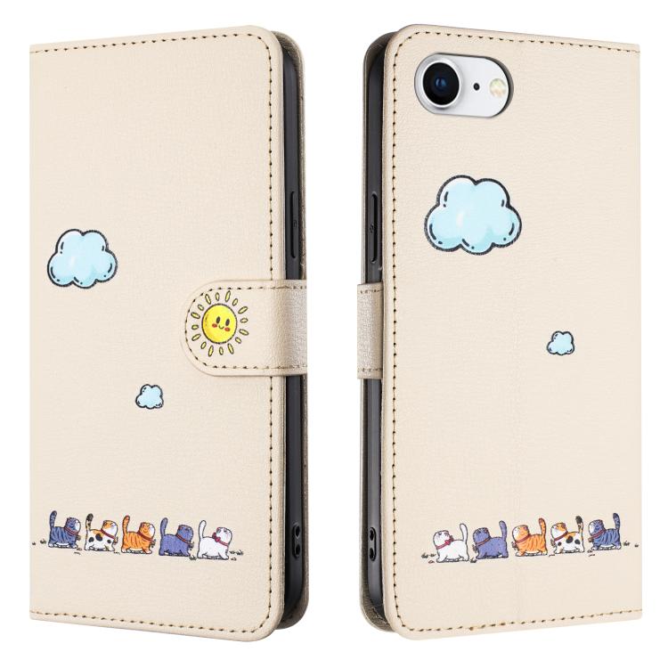 Funda de Piel para iPhone 16E con Dibujos de Gatos (Beige y Blanco)