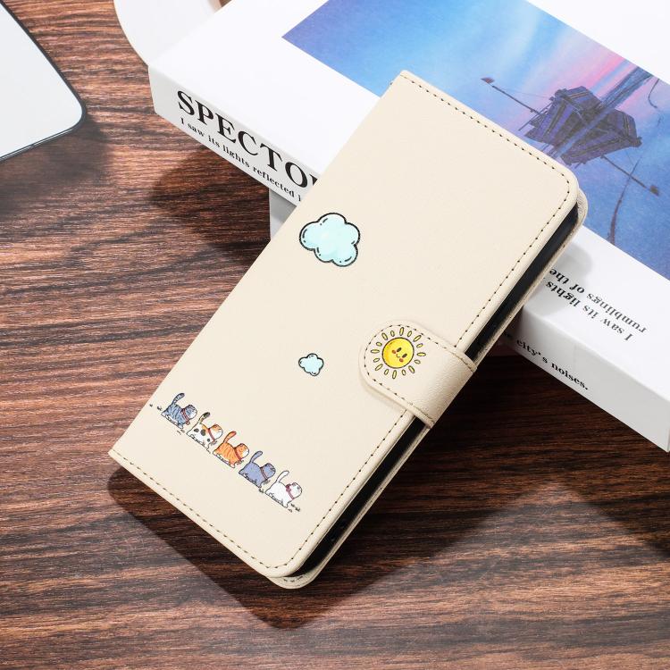 Funda de Piel para iPhone 16E con Dibujos de Gatos (Beige y Blanco)
