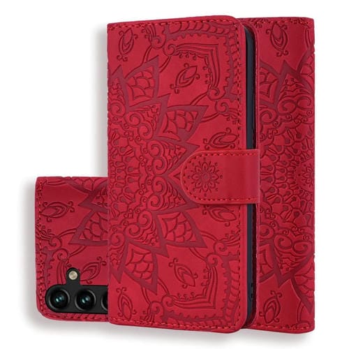 Funda para Teléfono Samsung Galaxy A35 5G Piel de Becerro Doble Pliegue Relieve Mandala (Rojo)