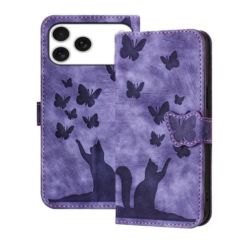 Funda de cuero con tapa y estampado de mariposa y gato para iPhone 17 Pro Max (morado)
