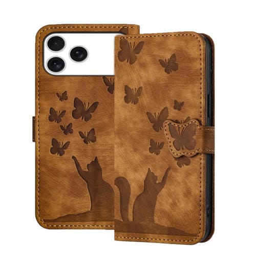 Funda de cuero con tapa y estampado de mariposa y gato para iPhone 17 Pro Max (marrón)