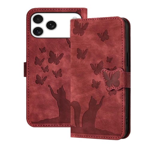 Funda de cuero con tapa y estampado de mariposa y gato para iPhone 17 Pro (roja)