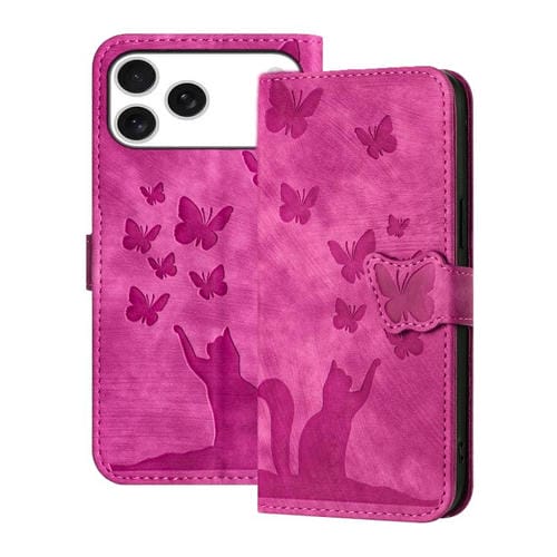 Funda de cuero con tapa y estampado de mariposa y gato para iPhone 17 Pro (rosa)