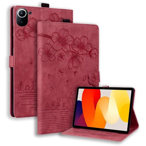 Funda de cuero con relieve de gato Sakura para Xiaomi Redmi K Pad (roja)