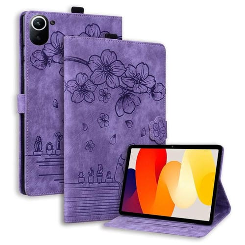 Funda de cuero con relieve de gato Sakura para Xiaomi Redmi K Pad (morado)