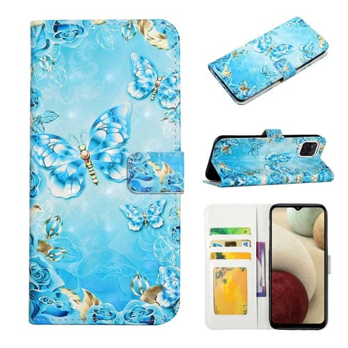 Funda de Cuero para Samsung Galaxy A12 con Dibujo 3D en Relieve al Óleo (Mariposas Azules)