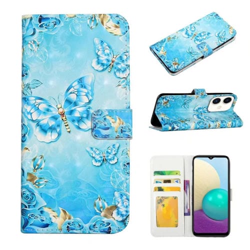 Funda para Teléfono Samsung Galaxy A05 Cuero Dibujo 3D Relieve al Óleo (Mariposas Azules)