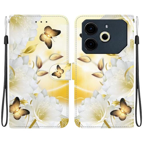 Funda de Cuero para Tecno Pova 6 Neo con Dibujo de Colores y Textura de Cristal (Mariposa Dorada Epiphyllum)