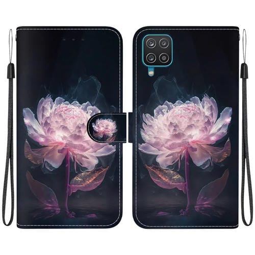 Funda para Teléfono Samsung Galaxy A12 5G Cuero Dibujo Coloreado Textura de Cristal (Peonía Púrpura)
