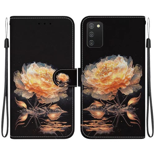 Estuche de Cuero para Samsung Galaxy A03S Versión EE.UU con Dibujo Coloreado y Textura de Cristal (Peonía Dorada)