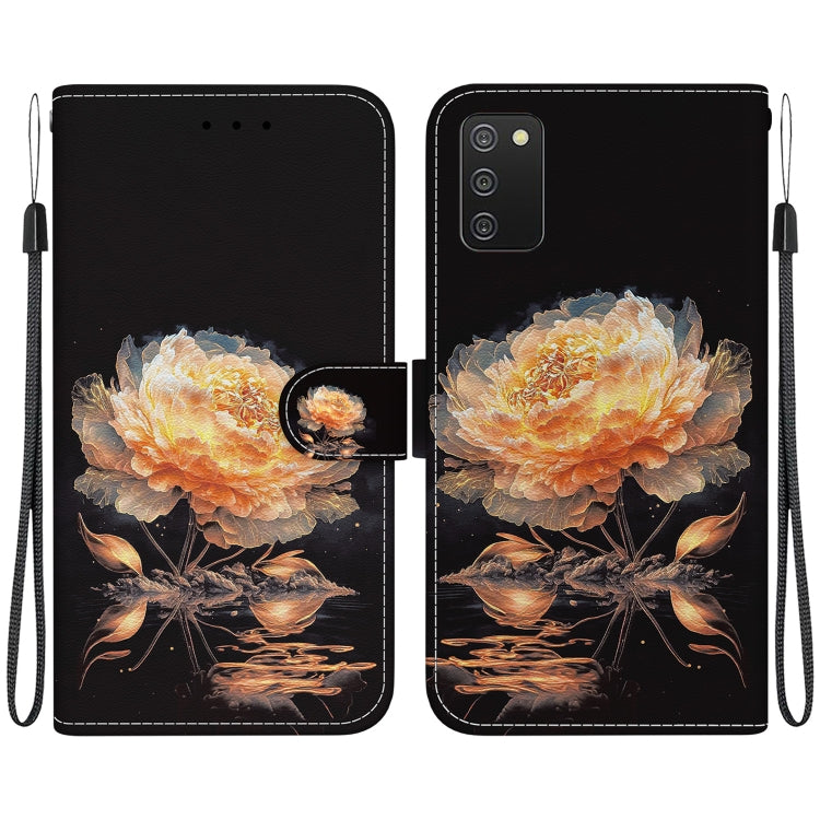 Estuche de Cuero para Samsung Galaxy A03S Versión EE.UU con Dibujo Coloreado y Textura de Cristal (Peonía Dorada)