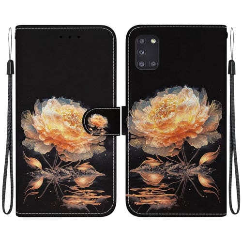 Funda de Cuero Samsung Galaxy A31 con Dibujo Coloreado y Textura de Cristal (Peonía Dorada)