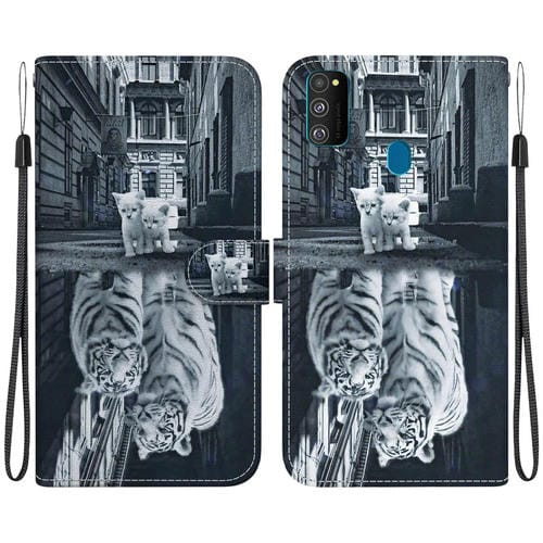 Funda para Teléfono Samsung Galaxy M30S / M21 Cuero Dibujo Coloreado Textura de Cristal (Reflejo de Tigre Gato)