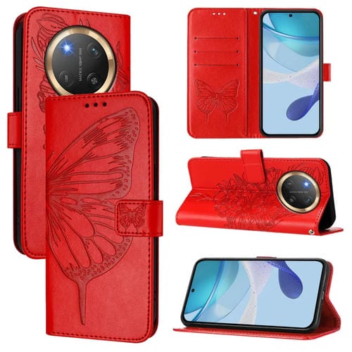 Funda de Cuero para Honor X9C 5G con Mariposas en Relieve (Roja)