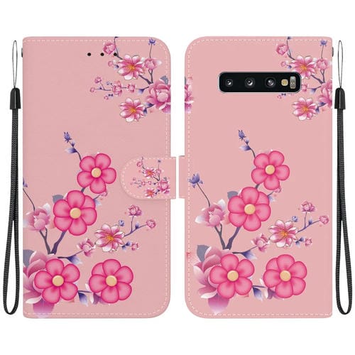 Funda de Cuero para Samsung Galaxy S10 con Dibujo Coloreado y Textura de Cristal (Flores de Cerezo)