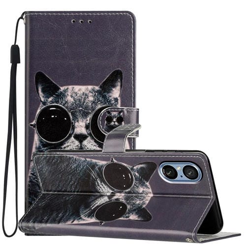 Funda de Cuero para Sony Xperia 5 V con Dibujo Coloreado Gato de Gafas de Sol