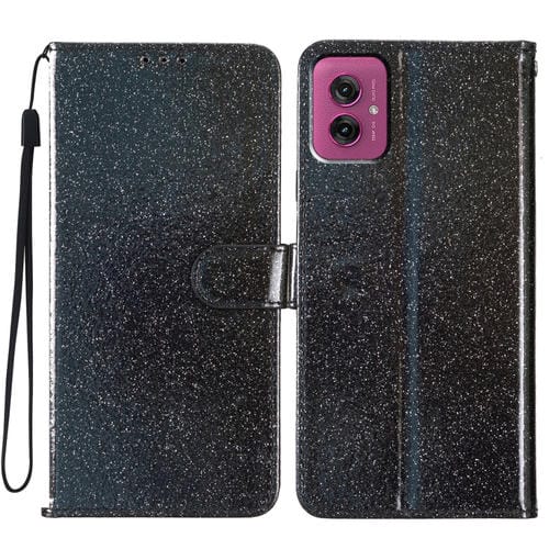 Funda de Cuero con Tapa y Purpurina para Motorola Moto G55 (Negra)