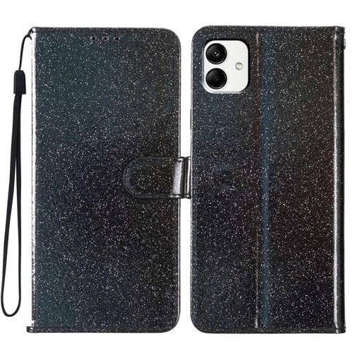 Funda para Teléfono Samsung Galaxy A05 con Tapa de Cuero y Purpurina en Polvo (Negro)