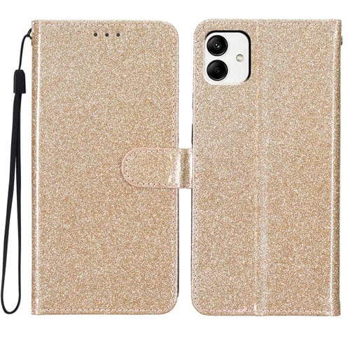 Funda de Cuero para Samsung Galaxy A05 con Tapa y Purpurina en Polvo (Dorado)