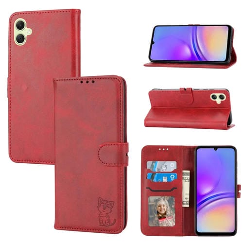 Funda para Teléfono Samsung Galaxy A05 Cuero con Tapa y Patrón de Gato Feliz en Relieve (Rojo)