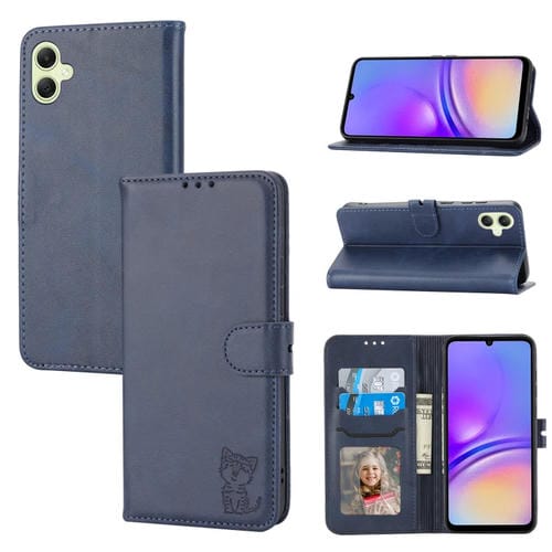 Funda para Teléfono Samsung Galaxy A05 Cuero con Tapa Patrón Gato Feliz (Azul)