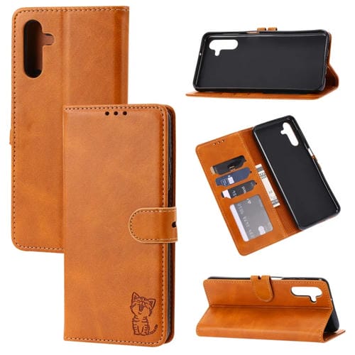 Funda para Teléfono Samsung Galaxy A55 5G Cuero con Tapa y Patrón Gato Feliz en Relieve (Amarillo)