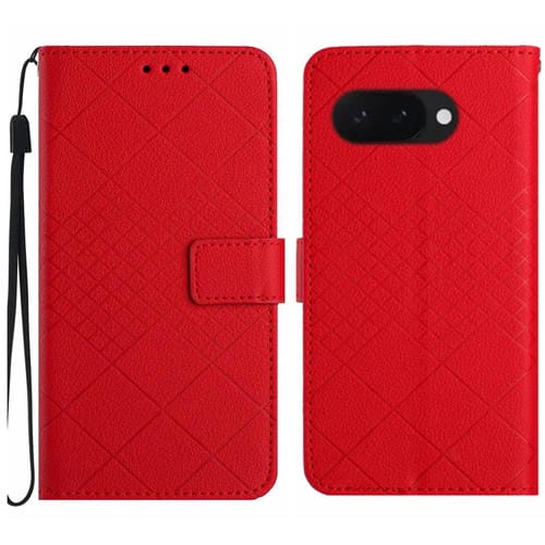 Funda de Cuero con Textura de Cuadrícula Rómbica para Google Pixel 9A (Rojo)