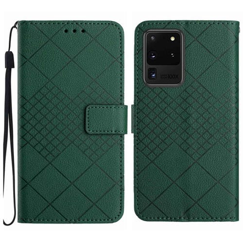 Funda de Cuero Samsung Galaxy S20 Ultra Textura de Rejilla Rómbica (Verde)