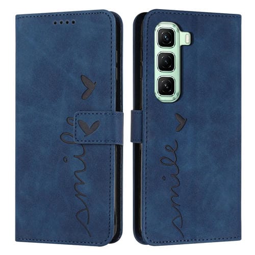 Funda de Cuero con Relieve de Corazón y Cordón Largo para Infinix Hot 50 Pro+ 4G (Azul)