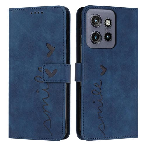Funda de Piel con Relieve de Corazón y Cordón Largo para Motorola Edge 50 Neo (Azul)