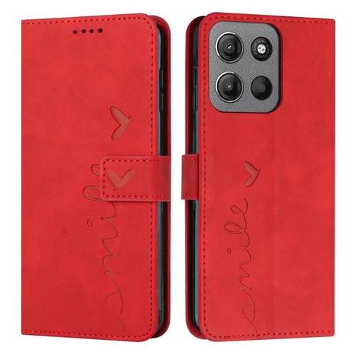 Funda de Piel con Relieve de Corazón para Motorola Moto G15 con Cordón Largo (Rojo)
