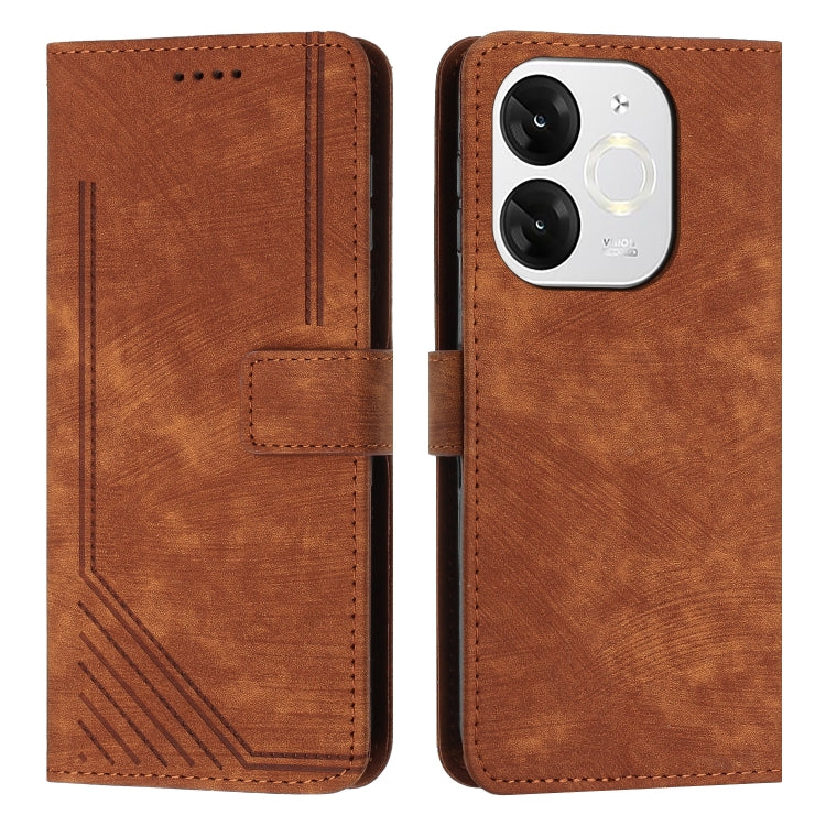 Funda de Cuero Itel A80 con Diseño de Rayas y Cordón (Marrón)