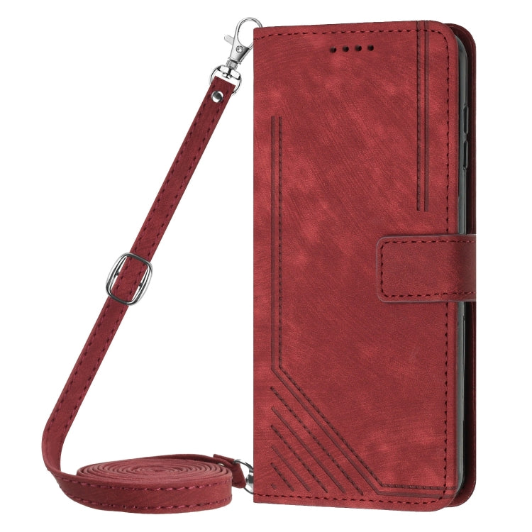 Funda de Cuero Itel P65 con Diseño de Rayas y Cordón (Rojo)