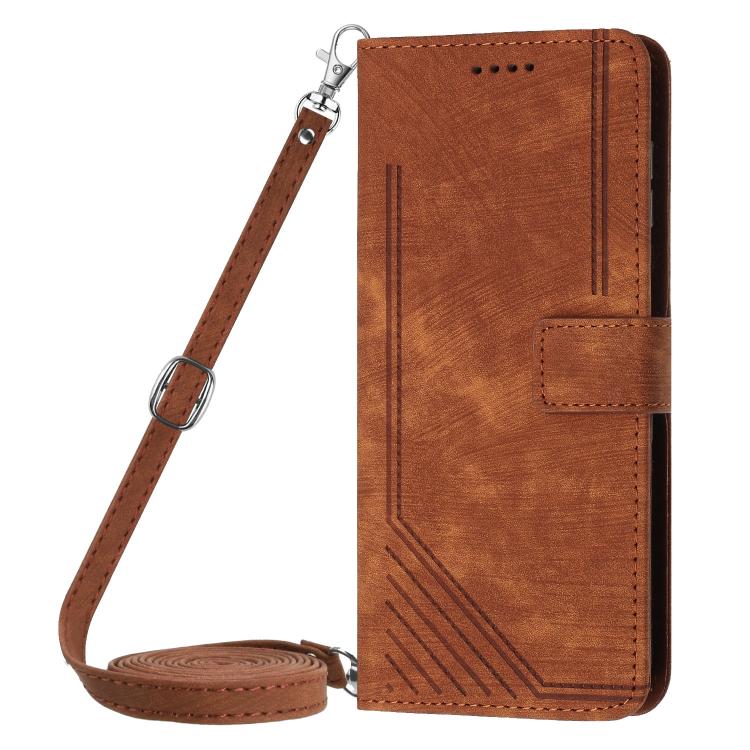 Funda de Cuero Itel S25 con Diseño de Rayas y Cordón (Marrón)