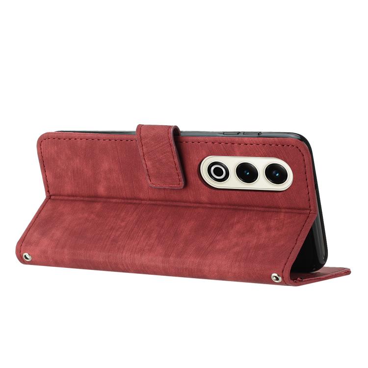 Funda de Cuero Itel S25 con Diseño de Rayas y Cordón (Rojo)