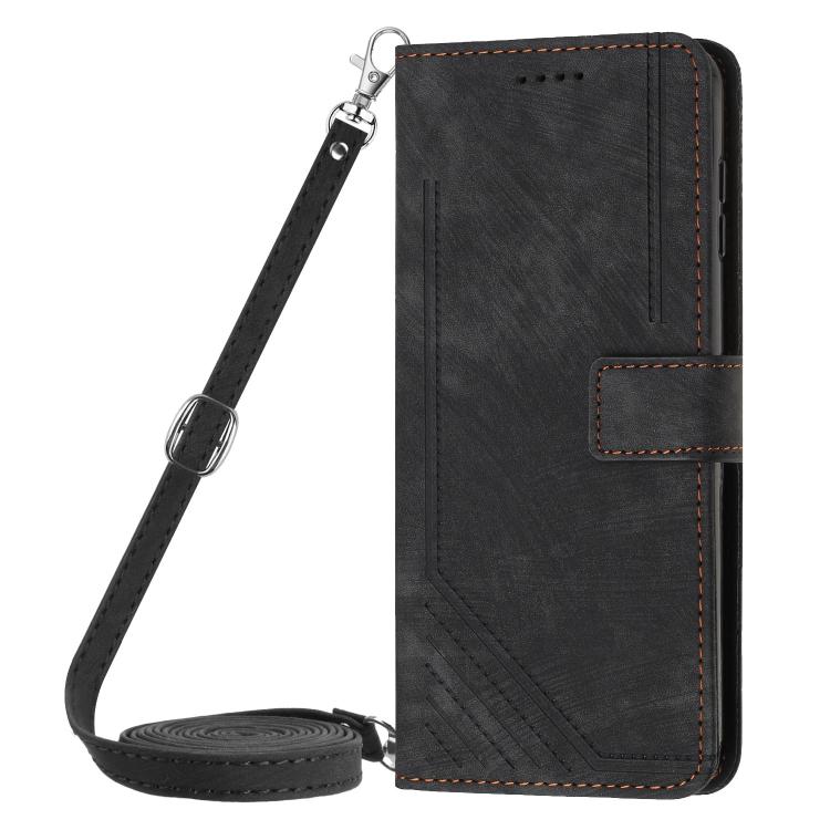 Funda de Cuero Itel S25 con Diseño de Rayas y Cordón para Teléfono (Negro)