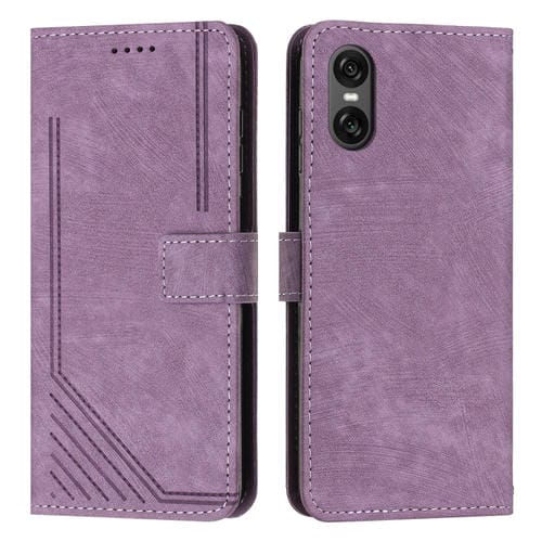 Funda de Cuero Sony Xperia 5 Vi Diseño de Rayas Tacto Sedoso (Morado)