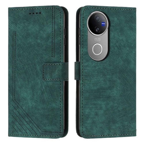 Funda de Cuero con Estampado de Rayas y Cordón para Vivo V50 (Verde)