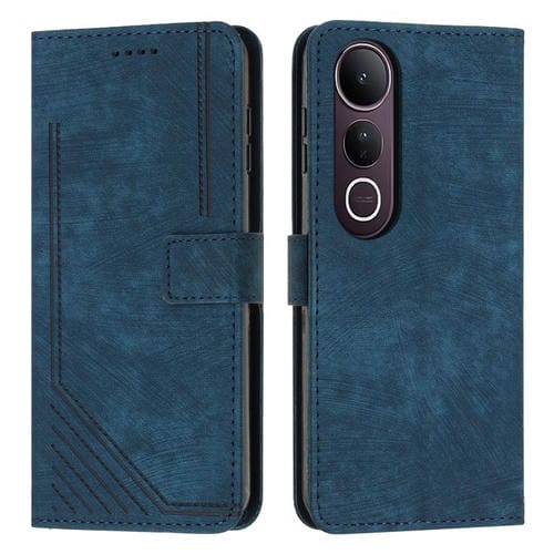 Funda de Piel con Estampado de Rayas y Cordón para Vivo V50 Lite (Azul)