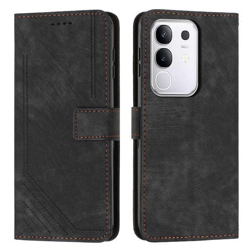 Funda de Cuero con Estampado de Rayas y Cordón para Vivo Y29 4G (Negro)
