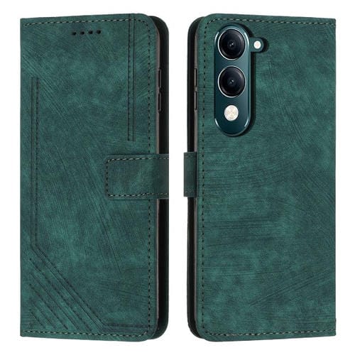 Funda de Cuero con Estampado de Rayas y Cordón para Vivo Y29S 5G / Y04 4G (Verde)