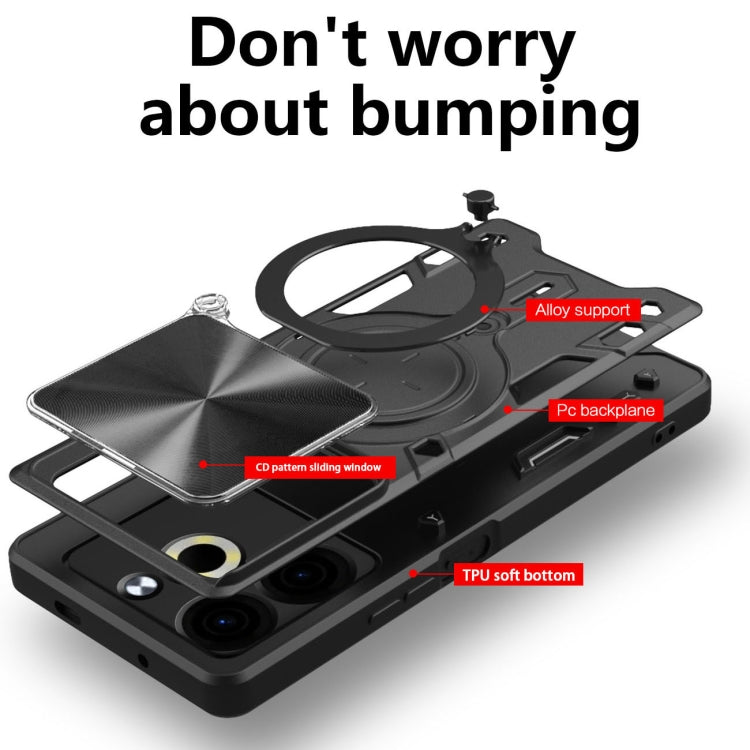 Funda para Teléfono Tecno Pova 6 Neo 4G con Soporte Magnético Deslizante y Textura de Cd (Negro)